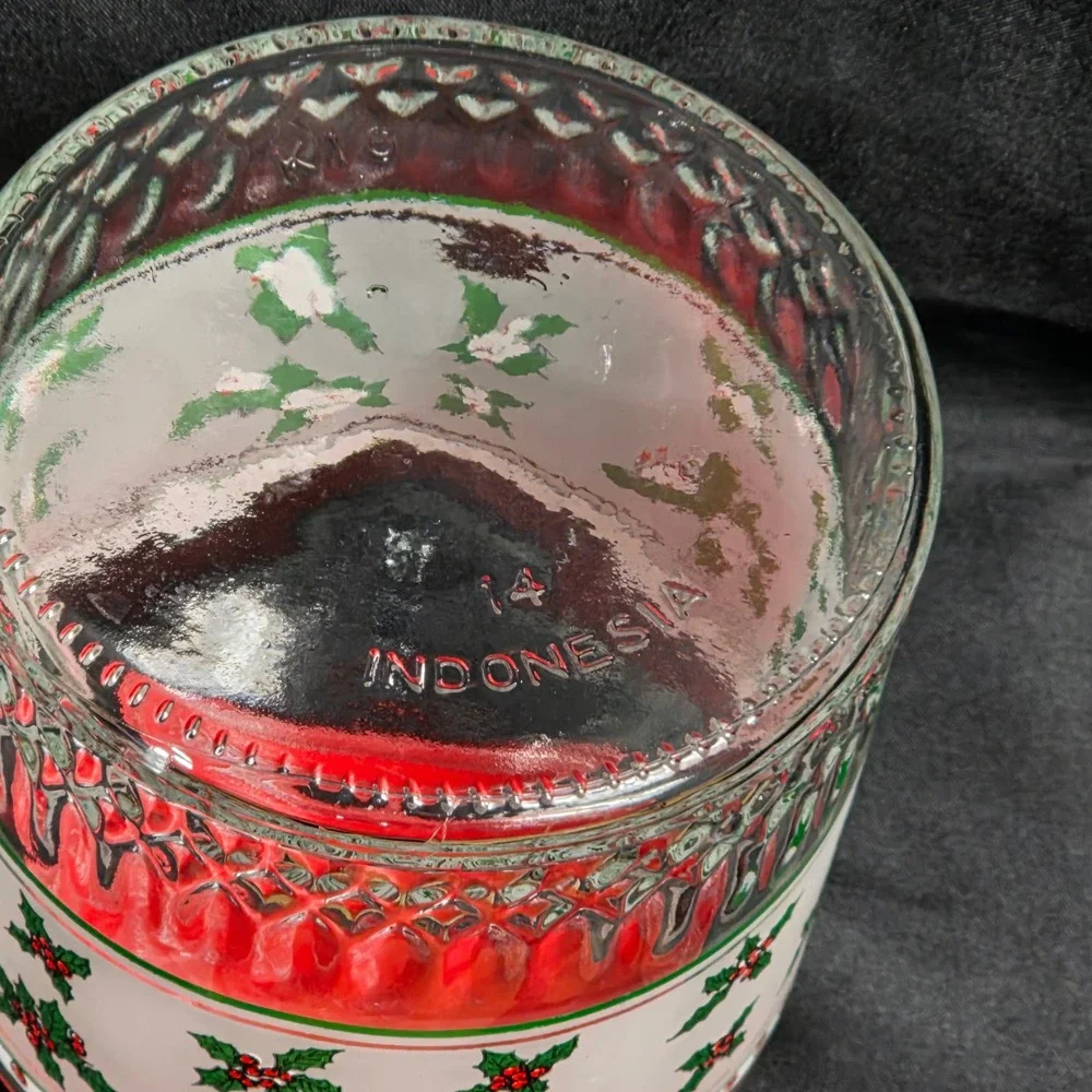 Set of 2 Vintage Christmas Holly Glass‎ Jars Red Lids Kitchen Storage Canisters
